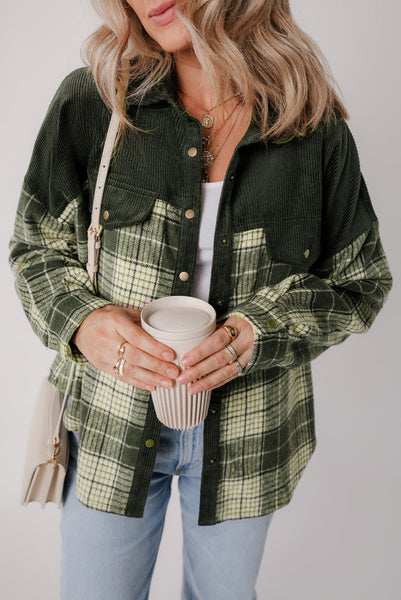 Green Plaid and Corduroy Snap Up Shacket