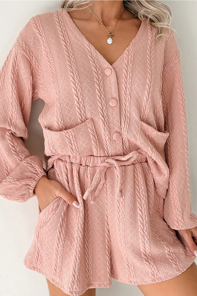 Pink Cable Knit Button Front Cardigan and Shorts Set