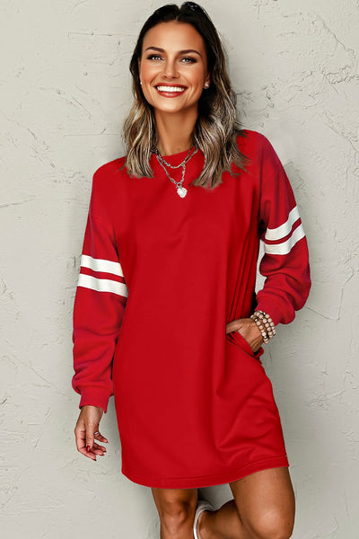 Red Shift Sweatshirt Dress with Sleeve Contrasting Varsity Stripes and Pockets