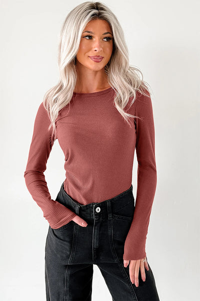 Rust Ribbed Fitted Long Sleeve Bodysuit