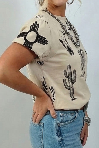 All Over Western Print Poof Sleeve Top