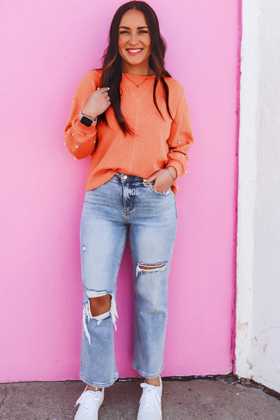 Creamsicle Orange Super Soft Ribbed Top with Pearl Embellished Sleeves