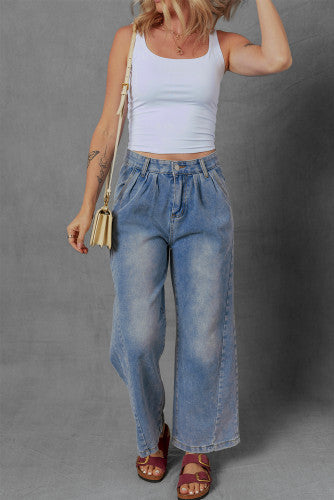 Pleat Detailed Wide Legged Ankle Jeans