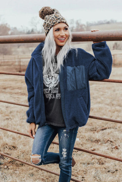 Dark Blue Fuzzy Sherpa Zip Up Jacket with Chest Pocket