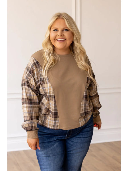 Brown Plaid Colorblock Pullover Top with Pockets