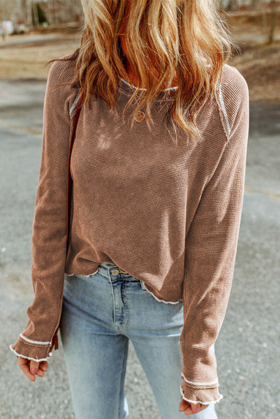 Light Mocha Brown Waffle Texture Long Sleeve Top