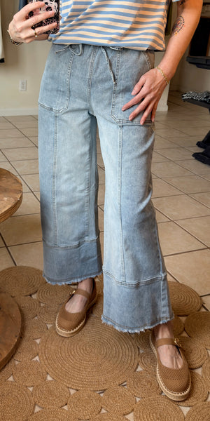 Dark Wash Drawstring Waist Raw Hem Wide Leg Denim Ankle Length Jeans