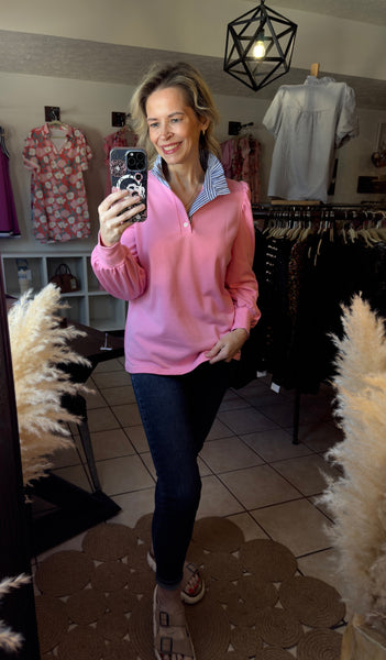 Candy Pink Puff Long Sleeve Top with Button Striped Collar