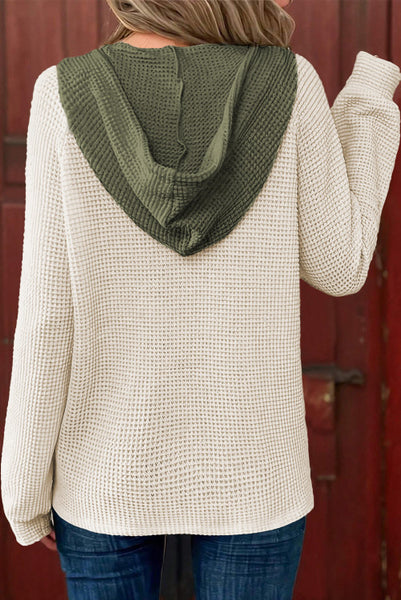 Creamy White and Olive Green Waffle Knit Contrast Hooded Top