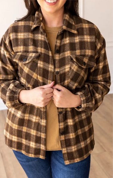 Brown Plaid Shacket with Elastic Gathered Wrists