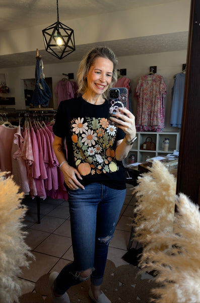 Black Wildflower and Pumpkin Print Fall Tee