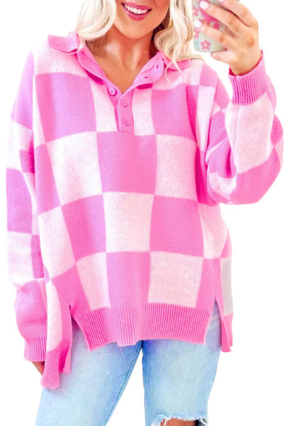 Pink Large Checkerboard Collared Half Button Sweater with Side Slits