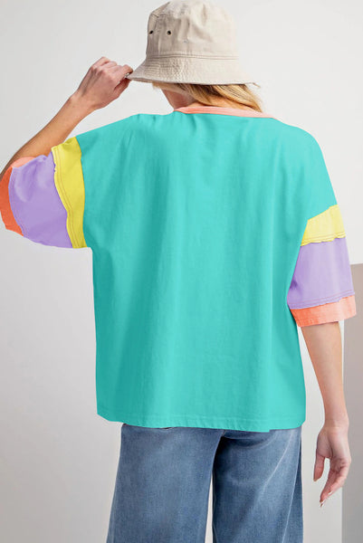 Aqua Colorblock Stitched Sleeve Short Sleeve Relaxed Fit Tee