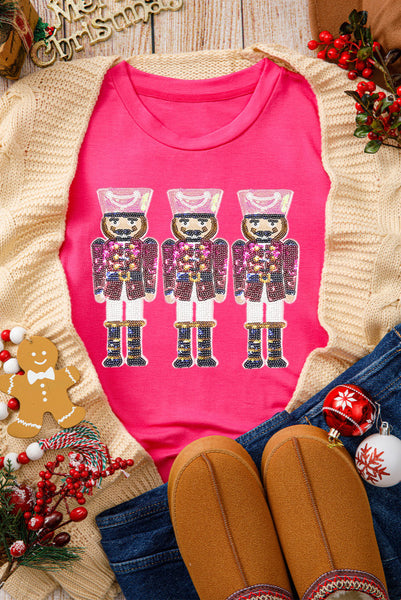 Rose Red Tee with Colorful Sequin Nutcrackers