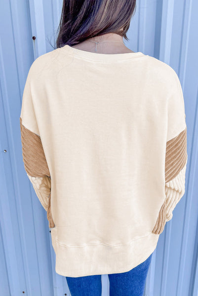 Cream Pullover with Super Soft Corduroy Colorblocking