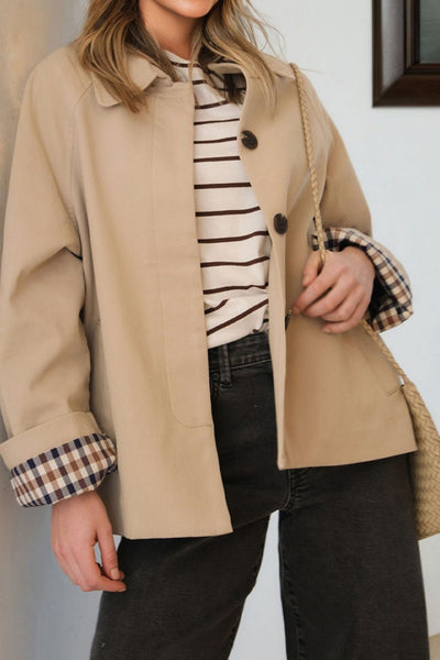 Khaki with Plaid Liner Patchwork Single Breasted Trench Coat