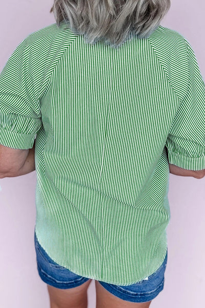 Green Striped Split V-Neck Collared Top