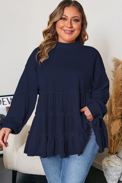 Curvy Flowy Navy Blue Ruffle Tiered Babydoll Top