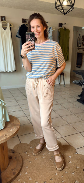 Beige Lounge Pants with Embroidered Pockets