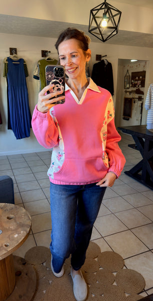 Pink and Floral Colorblock Collared Pullover with Kangaroo Pocket