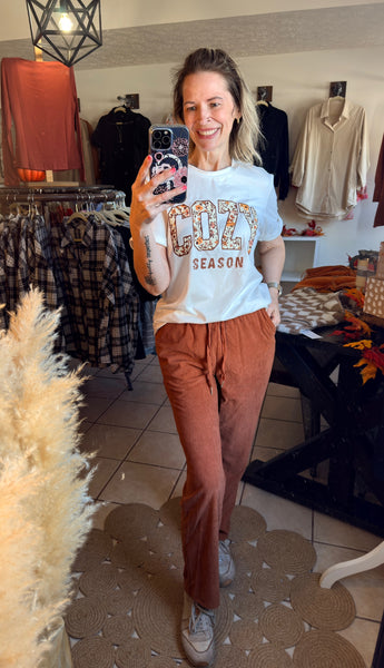 White Short Sleeve Cozy Season with Floral Lettering Tee