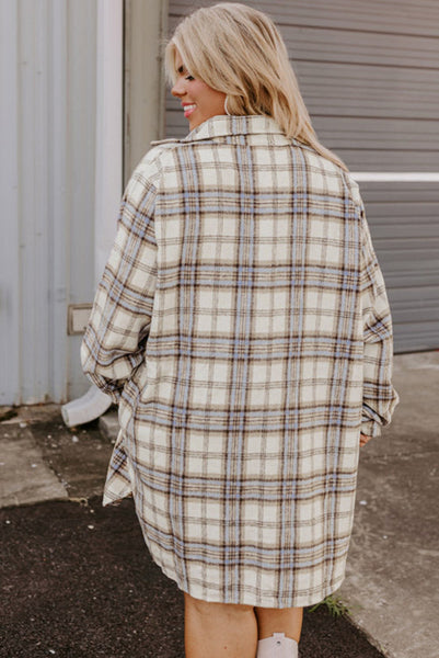 Curvy Cream and Blue Plaid Longer Length Shacket