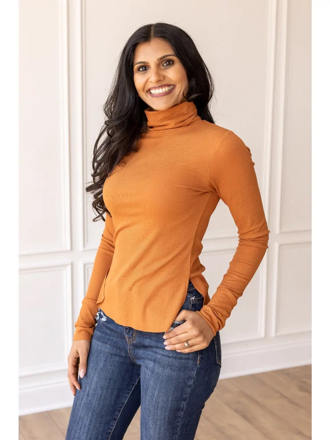 Rust Fitted Long Sleeve Turtleneck with Side Slits