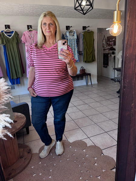 Rose Contrast Striped V-Neck Top