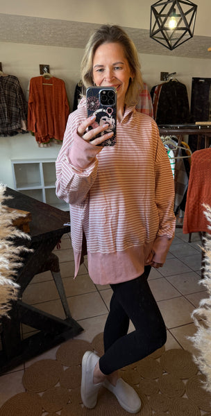 Mauve Striped Hoodie Pullover with Thumbholes and Side Slits