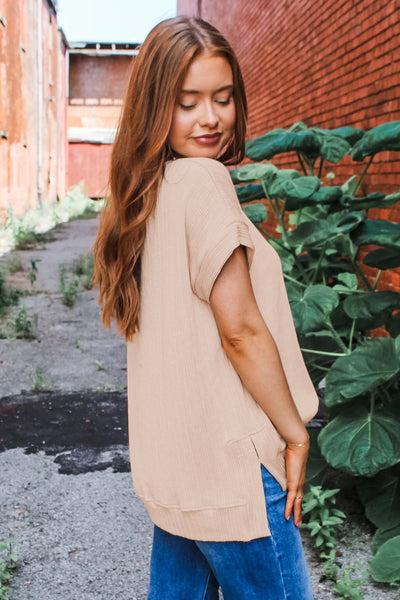 Beige Ribbed Textured Short Sleeve Top