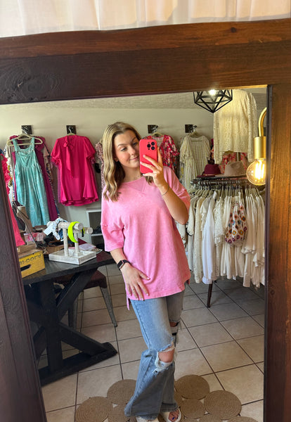 Mineral Wash Strawberry Pink Top with Raw Seam Detailing and Hi-Lo Hemline