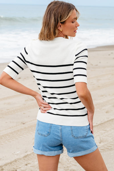 White Striped Half Sleeve Lightweight Sweater Knit Top