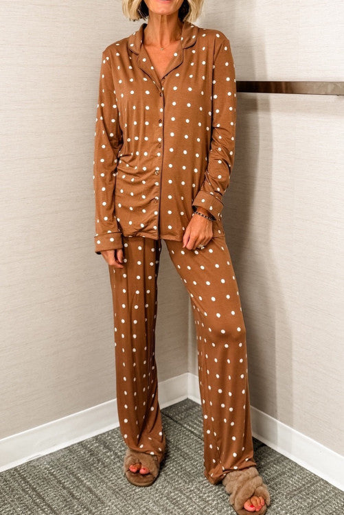 Camel Brown Polka Dot Loungewear Set