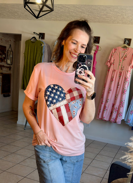 Pink Tee with Americana Patchwork Heart Graphic - Patriotic - 4th of July - Memorial Day - Veteran's Day - USA