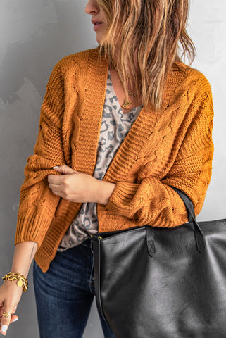 Mustard Open Front Cable Knit Cardigan