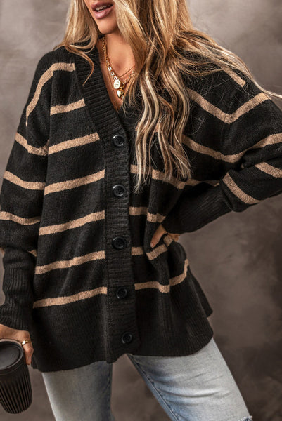 Black and Tan Striped Longer Length Cardigan