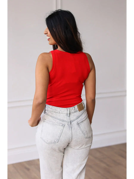 Red Ribbed Sleeveless Bodysuit