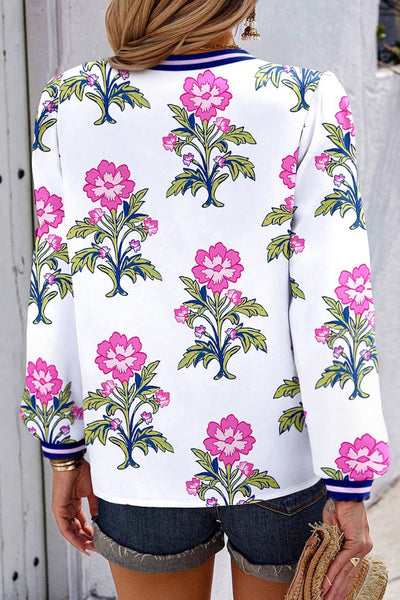 Floral V-neck Long Sleeve Top with Contrasting Trim