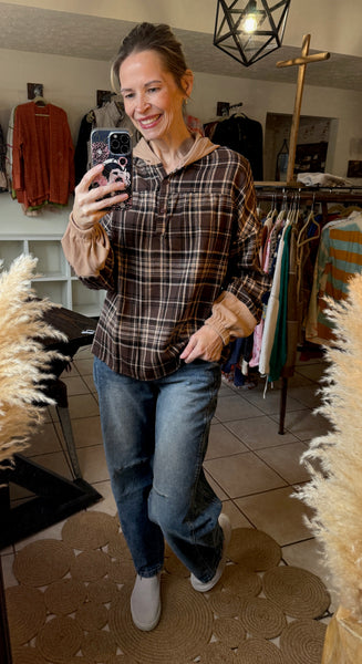 Brown Plaid Flannel Pullover with Contrasting Waffle Knit Hood