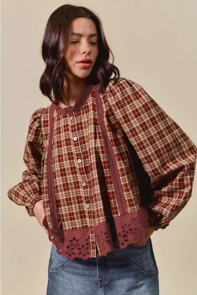 Red Dahlia Plaid and Eyelet Lace Trim Button Down Long Sleeve Shirt