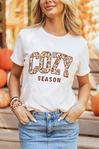 White Short Sleeve Cozy Season with Floral Lettering Tee