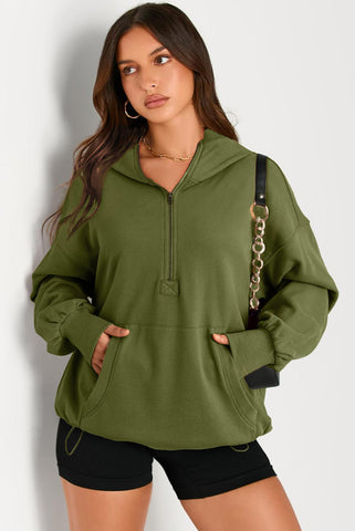 Olive Green Half Zip Hooded Pullover with Toggle Elastic Waist