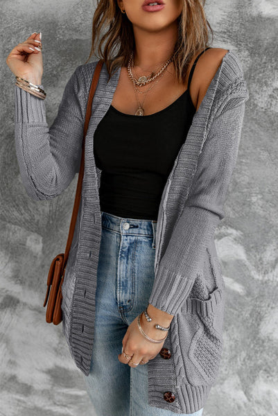 Gray Cable Knit Mid Length Cardigan