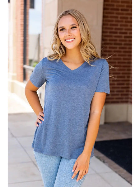 Basic Heathered Blue Short Sleeve V-neck Tee