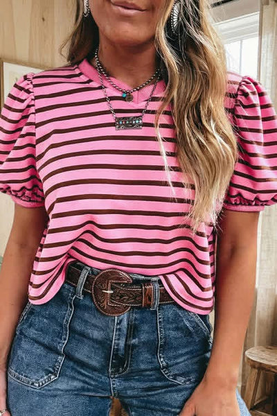 Rose Contrast Striped V-Neck Top