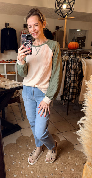 Beige and Green Colorblock Long Sleeve Top