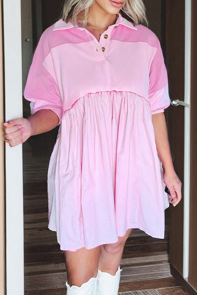 Pink Colorblock Half Sleeve Mixed Material Collared Shirt Dress with Pockets