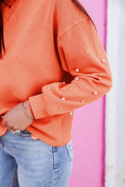 Creamsicle Orange Super Soft Ribbed Top with Pearl Embellished Sleeves