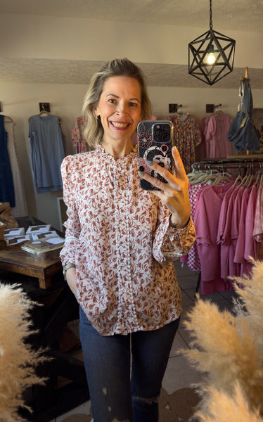 Khaki and Rust Leaf Print Long Sleeve Button Up Top with Lace Details