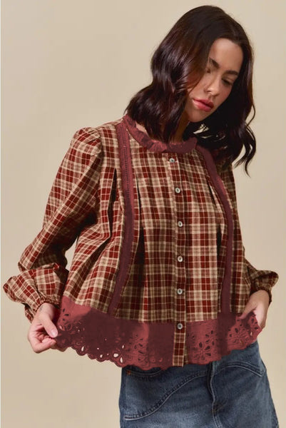 Red Dahlia Plaid and Eyelet Lace Trim Button Down Long Sleeve Shirt